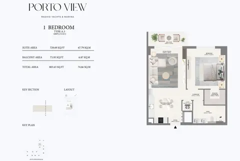 Emaar Porto View Mina Rashid: फ़्लोर प्लान Type A3 - 2nd to 6th Level, 804 sq ft