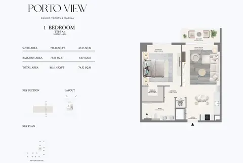 Emaar Porto View Mina Rashid: फ़्लोर प्लान Type A4 - 2nd to 6th Level, 802 sq ft