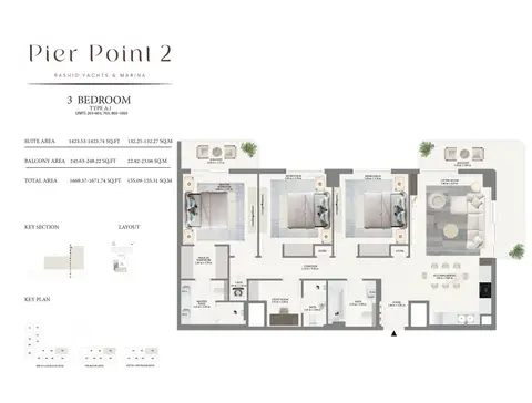 Emaar Pier Point 2 Mina Rashid: Floor plan Type A1 - 2nd to 10th Level, 1,672 sq ft