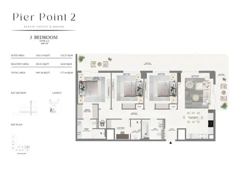 Emaar Pier Point 2 Mina Rashid: Floor plan Type A2 - 1st Level, 1,907 sq ft