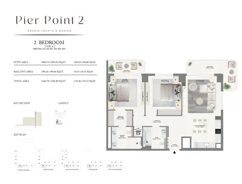 Emaar Pier Point 2 Mina Rashid: Floor plan Type A2 - Podium & 1st to 10th Level, 1,285 sq ft