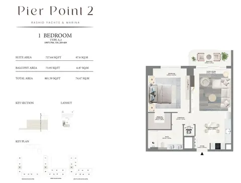 Emaar Pier Point 2 Mina Rashid: Floor plan Type A2 - Podium & 1st to 6th Level, 802 sq ft