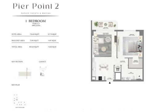 Emaar Pier Point 2 Mina Rashid: Floor plan Type A3 - 2nd to 6th Level, 804 sq ft