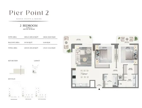 Emaar Pier Point 2 Mina Rashid: Floor plan Type A3 - Podium & 1st to 6th Level, 1,283 sq ft