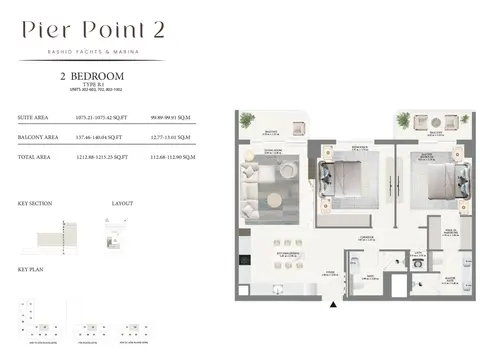 Emaar Pier Point 2 Mina Rashid: Floor plan Type B1 - 2nd to 10th Level, 1,215 sq ft