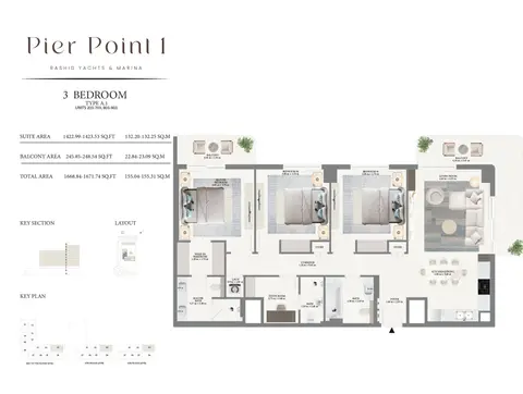 Emaar Pier Point Mina Rashid: Floor plan Type A1 - 2nd to 9th Level, 1,672 sq ft