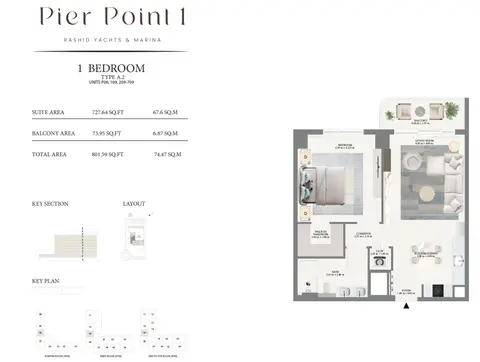 Emaar Pier Point Mina Rashid: Floor plan Type A2 - Podium & 1st to 7th Level, 802 sq ft