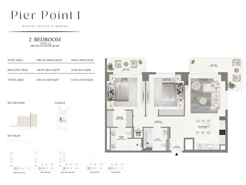 Emaar Pier Point Mina Rashid: Floor plan Type A2 - Podium & 1st to 9th Level, 1,285 sq ft