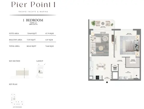 Emaar Pier Point Mina Rashid: Floor plan Type A3 - 2nd to 7th Level, 804 sq ft