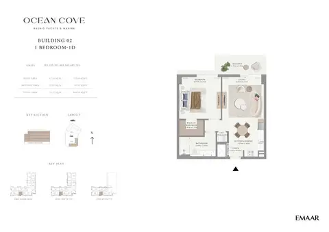 Emaar Ocean Cove Mina Rashid: फ़्लोर प्लान Unit 105, 205, 305, 405, 505, 605, 705 - 1D, 805 sq ft