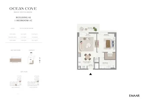 Emaar Ocean Cove Mina Rashid: फ़्लोर प्लान Unit 106, 109, 209, 309, 409, 509 - 1C, 796 sq ft