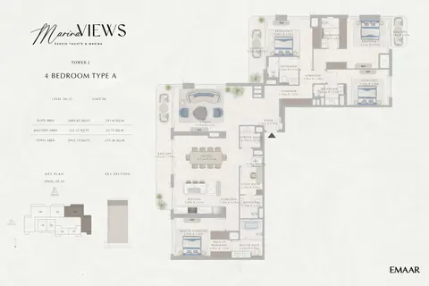 Emaar Marina Views Mina Rashid: Type A, Unit 6, Level 20 - 22, 2,953 sq ft 户型图