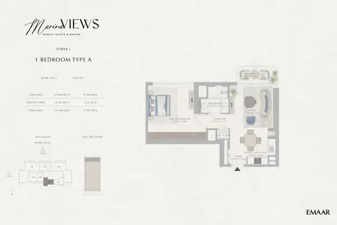 Emaar Marina Views Mina Rashid: Type A, Unit 1, Level 20 - 22, 731 sq ft 户型图