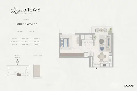 Emaar Marina Views Mina Rashid: Type A, Unit 1, Podium, 741 sq ft 户型图