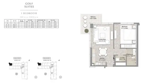Golf Suites Apartments: Floor plan 1 Bedroom UNIT-111-12-LEVELS-01-10