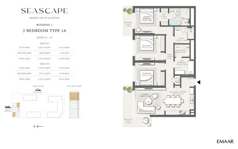Seascape Mina Rashid: Floor plan Type 1A, Level 13-18, Unit 01, 1,758 sq ft