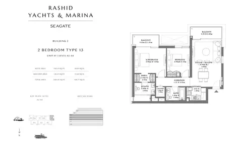 Seagate Mina Rashid: Планировка Type 13, Unit 01, Level 02-04, 1,085 sq ft