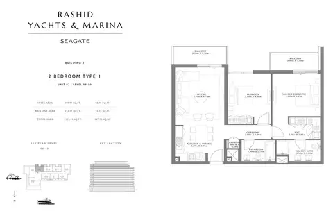 Seagate Mina Rashid: Планировка Type 1, Unit 02, Level 09-10, 1,153 sq ft