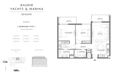 Seagate Mina Rashid: Планировка Type 1, Unit 03, Level 09-10, 1,153 sq ft