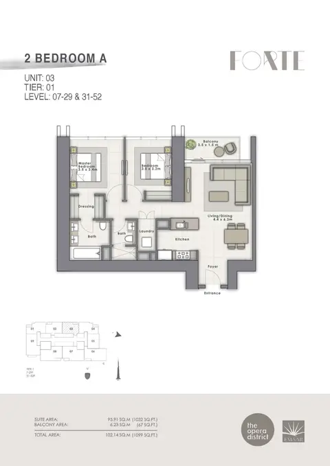 Forte at the Opera District: Floor plan 2 Br A Unit-03 Tier-01, 1,099 sq ft