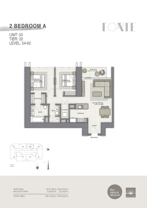 Forte at the Opera District: Floor plan 2 Br A Unit-03 Tier-02, 1,099 sq ft