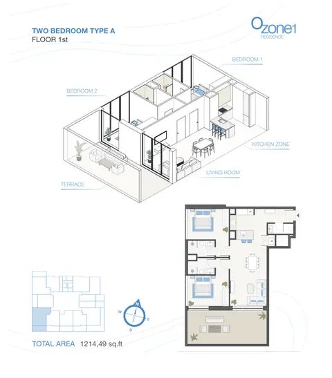 Ozone1 Residences at JVC: Floor plan Type A, 1,214 sq ft