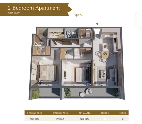 Blossom 76 at JVC: Floor plan Type A, 1,232 sq ft