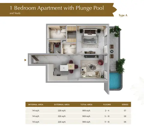 Blossom 76 at JVC: Floor plan Type A, 969 sq ft