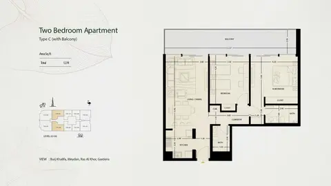 ذا روف ريزيدنس: مخطط الطابق TYPE C, 1,274 sq ft
