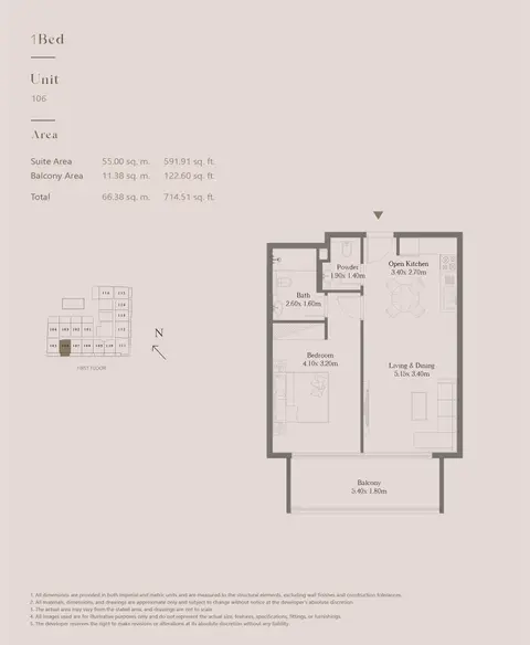 Casa Vista Residence at JVC: Floor plan Unit 106, 715 sq ft