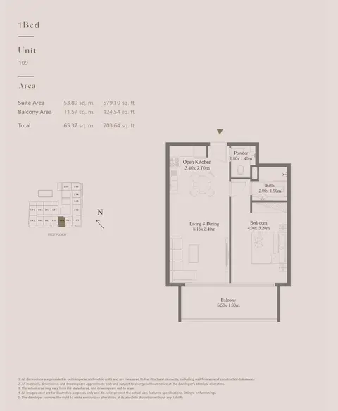 Casa Vista Residence at JVC: Floor plan Unit 109, 704 sq ft