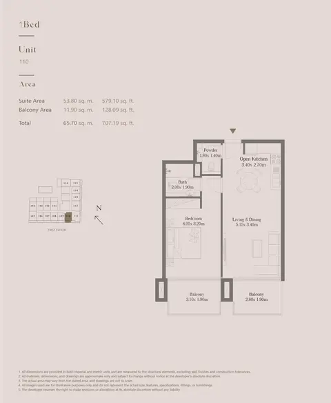Casa Vista Residence at JVC: Floor plan Unit 110, 707 sq ft