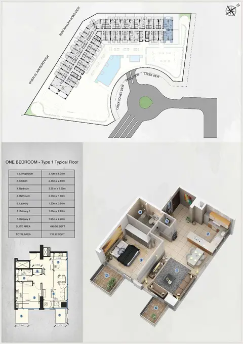Farhad Residence: Floor plan 1-Bedroom-Type-1-Typical-Floor, 733 sq ft