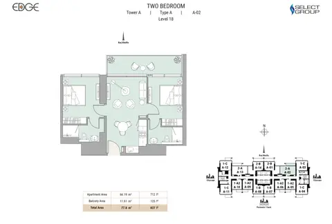 Edge Business Bay: Plattegrond Type A, Level 18, A-2, 837 sq ft