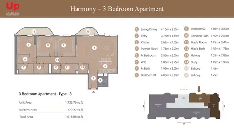 Takaya Harmony at Motor City: Type-3, 1,916 sq ft 户型图