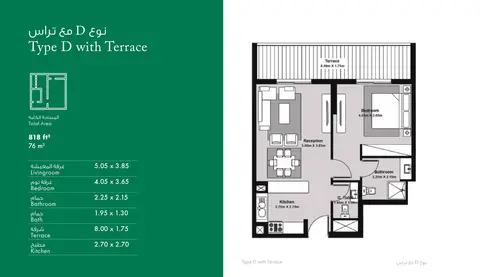 Rukan Apartments: Floor plan Type D-with-terrace, 818 sq ft