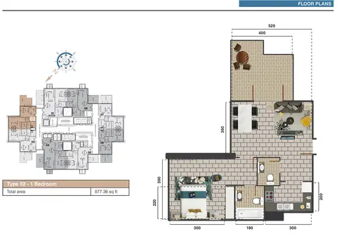 The Square Tower: Floor plan 1bd-type02-877.36 sqft, 877 sq ft