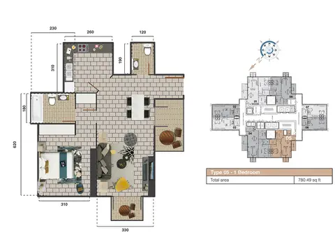 The Square Tower: Floor plan 1bd-type05-780.49 sqft, 780 sq ft