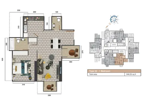 The Square Tower: Floor plan 1bd-type05-846.25 sqft, 846 sq ft