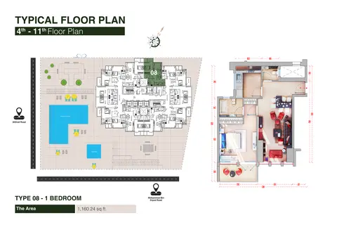 Regina Tower: Floor plan 1 Bedroom Type 08, Size 1160 Sq Ft, 1,160 sq ft