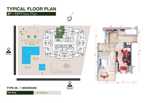Regina Tower: Floor plan 1 Bedroom Type 09, Size 1161 Sq Ft, 1,161 sq ft