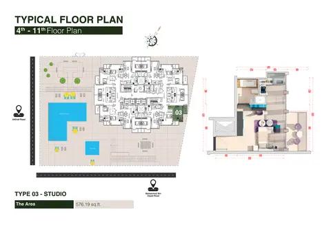Regina Tower: Floor plan Studio Type 03, Size 576 Sq Ft, 576 sq ft
