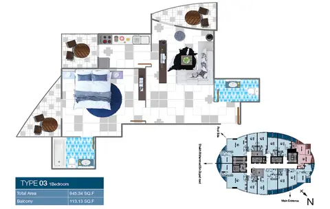 O2 Tower: Floor plan type-03-1 bed, 945 sq ft