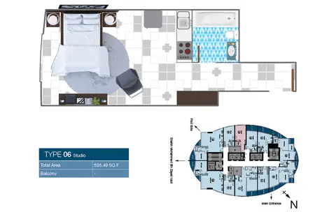 O2 Tower: Floor plan type-06-Studio, 535 sq ft