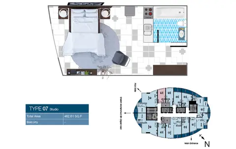 O2 Tower: Floor plan type-07-studio, 463 sq ft