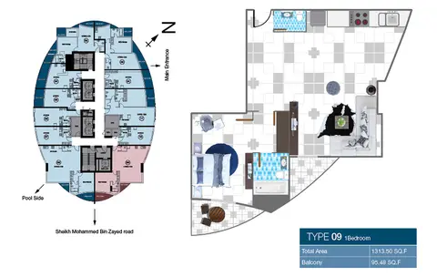 O2 Tower: Floor plan type-09-1 Bed, 1,314 sq ft