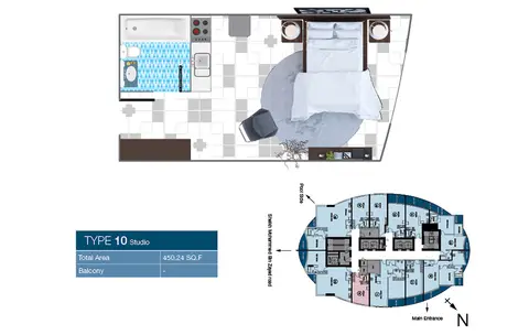 O2 Tower: Floor plan type-10-studio, 450 sq ft