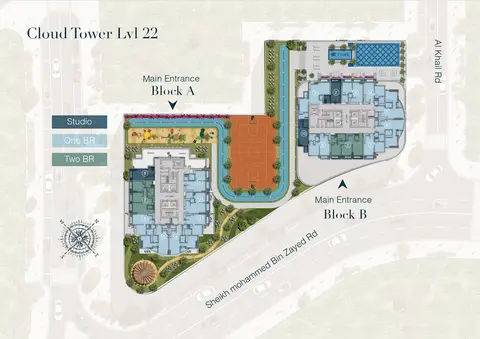 Cloud Twin Tower: Floor plan Studio, One and Two BR, Level 22