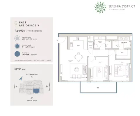 East Residence 4 At Serenia District: Floor plan Type 02A, 1,364 sq ft