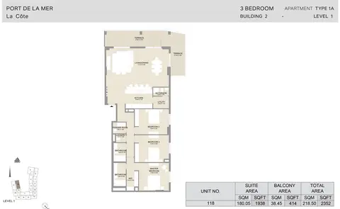 La Cote Apartments: Floor plan 3 bedroom unit area 1990 sq. ft. to 3620 sq. ft., 3,620 sq ft